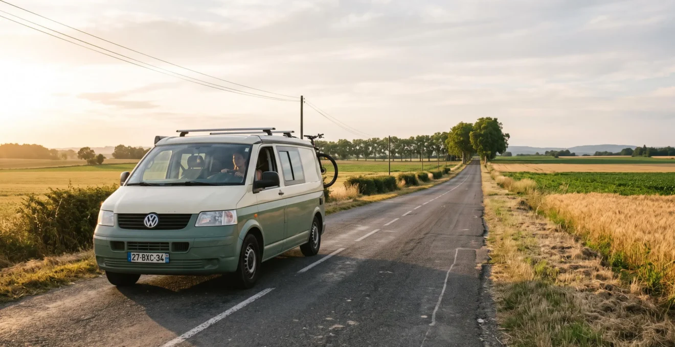 A campervan drives along a straight rural road in the French countryside in the warm light of early evening.