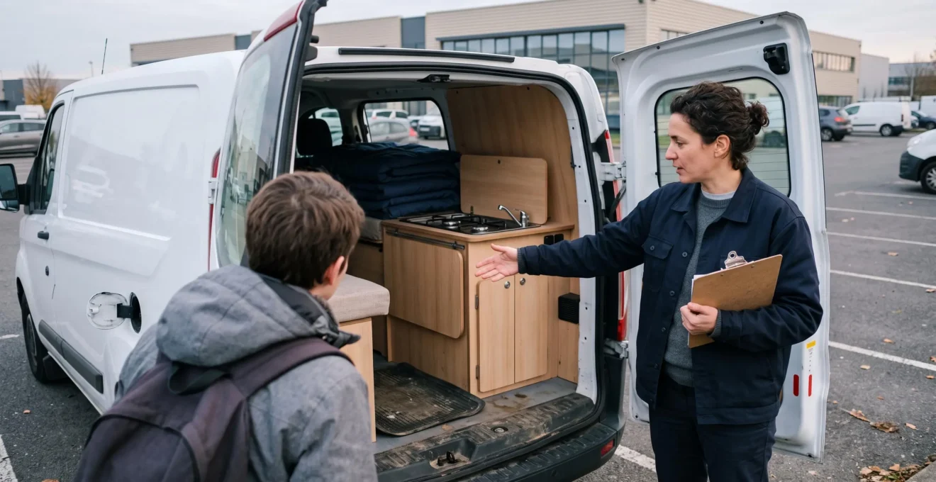 A rental company employee shows the interior kitchen unit of a campervan to a traveller during a handover near Paris-Charles de Gaulle.