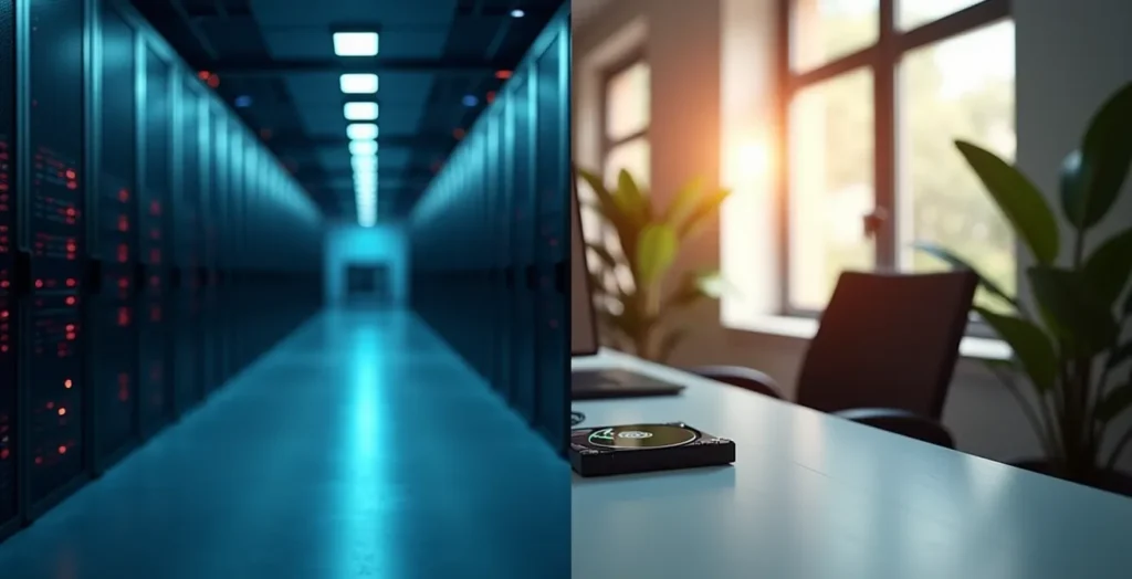 Split composition showing a vast, blue-lit server farm on the left and a minimalist desk with a single external hard drive on the right. Split composition showing a vast, blue-lit server farm on the left and a minimalist desk with a single external hard drive on the right.