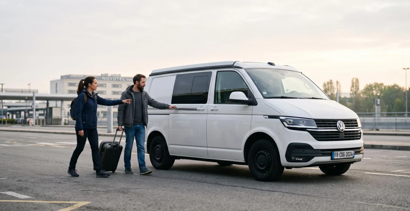 A couple with their luggage walk towards a campervan parked outside a hotel near Paris-Charles de Gaulle airport in the early morning.
