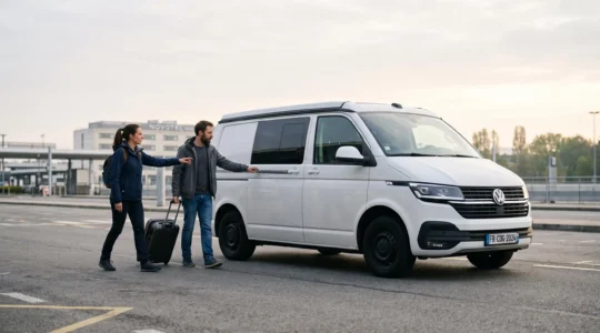 A couple with their luggage walk towards a campervan parked outside a hotel near Paris-Charles de Gaulle airport in the early morning.