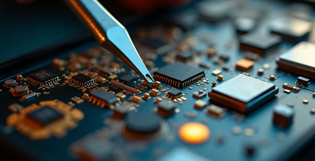 Extreme close-up of the internal components of a smartphone being repaired with precision tools. Extreme close-up of the internal components of a smartphone being repaired with precision tools.